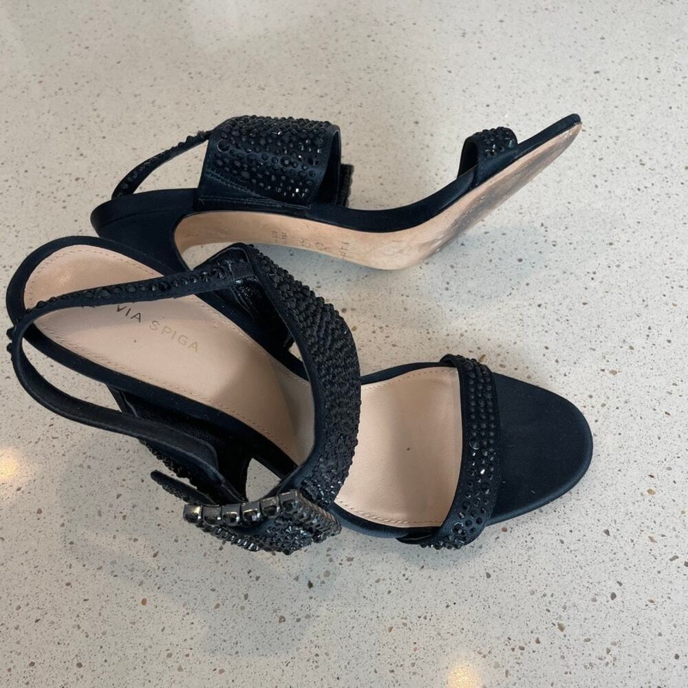 Via Spiga Black Embellished Heels | Rhinestone Ankle Strap Sandals - Picture 3 of 5